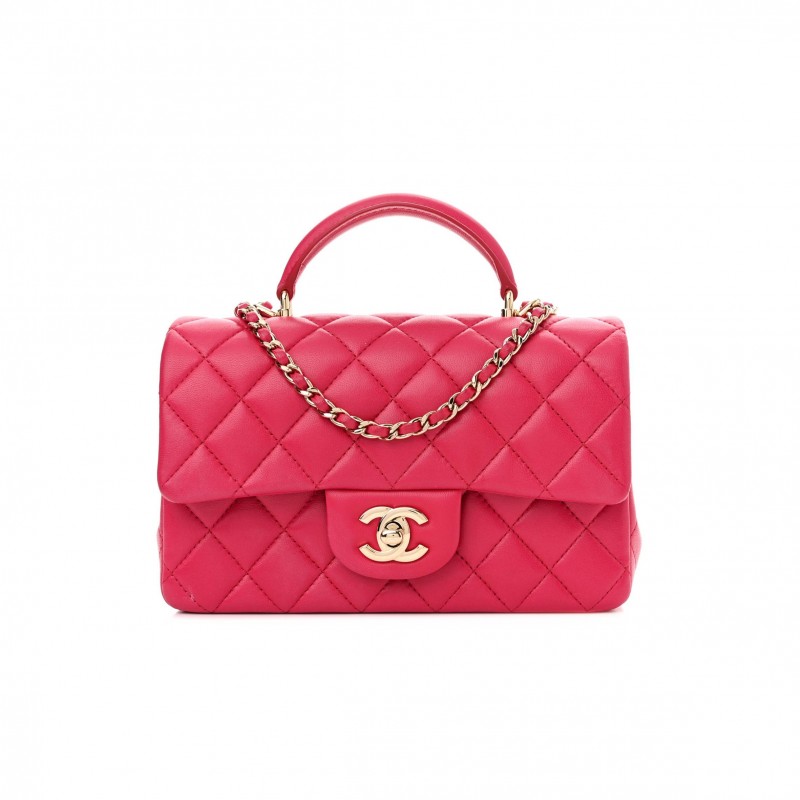 CHANEL LAMBSKIN QUILTED MINI TOP HANDLE RECTANGULAR FLAP DARK PINK ROSE GOLD HARDWARE (19*13*7cm) CHANEL LAMBSKIN QUILTED MINI TOP HANDLE RECTANGULAR FLAP DARK PINK ROSE GOLD HARDWARE (19*13*7cm)