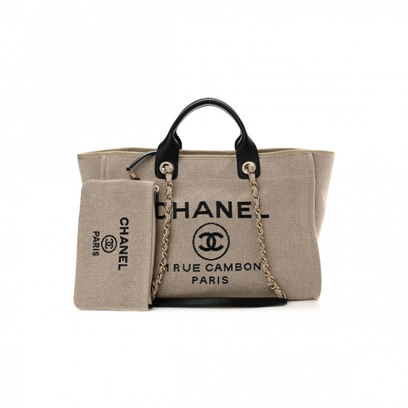 CHANEL MIXED FIBERS MEDIUM DEAUVILLE TOTE BEIGE BLACK (38*28*20cm)