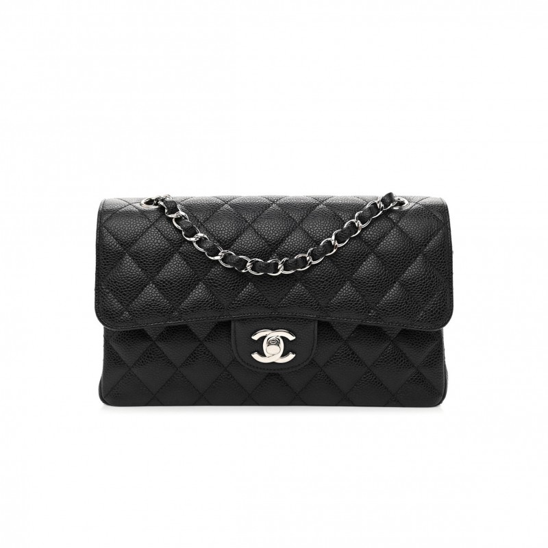 CHANEL CAVIAR QUILTED SMALL DOUBLE FLAP BLACK SILVER HARDWARE (23*14*6cm)