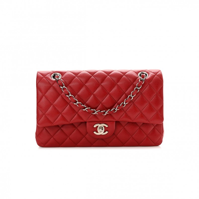 CHANEL CAVIAR QUILTED MEDIUM DOUBLE FLAP RED ROSE GOLD HARDWARE (25*15*6cm)