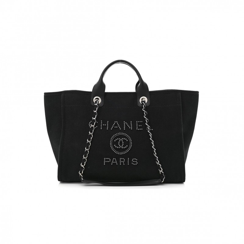 CHANEL CANVAS PEARL MEDIUM DEAUVILLE TOTE BLACK (38*29*18cm)