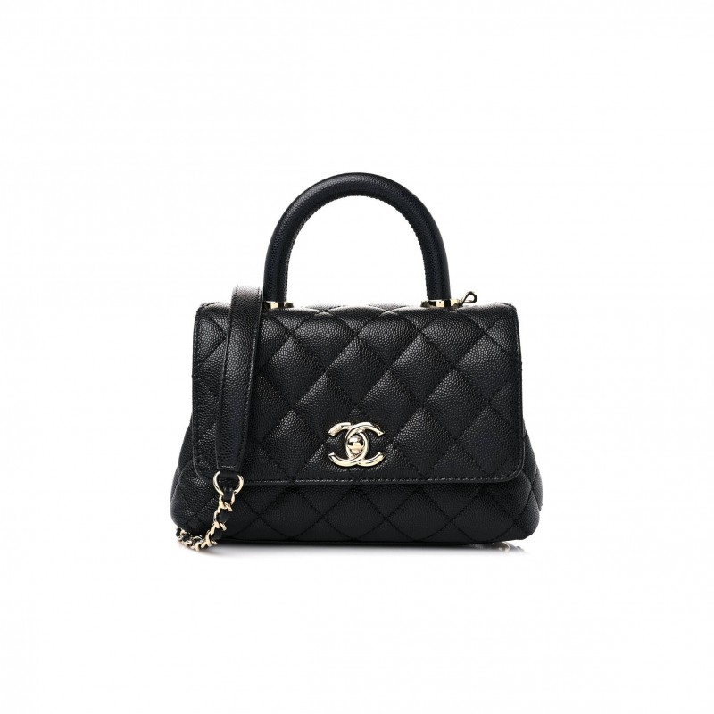 CHANEL CAVIAR QUILTED EXTRA MINI COCO HANDLE FLAP BLACK SILVER HARDWARE (18*13*9cm)