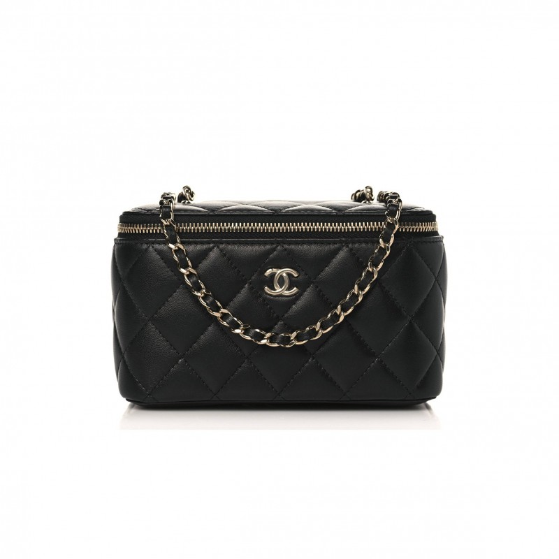 CHANEL LAMBSKIN QUILTED PEARL CRUSH SMALL VANITY CASE WITH CHAIN BLACK ROSE GOLD HARDWARE (17*10*8cm)