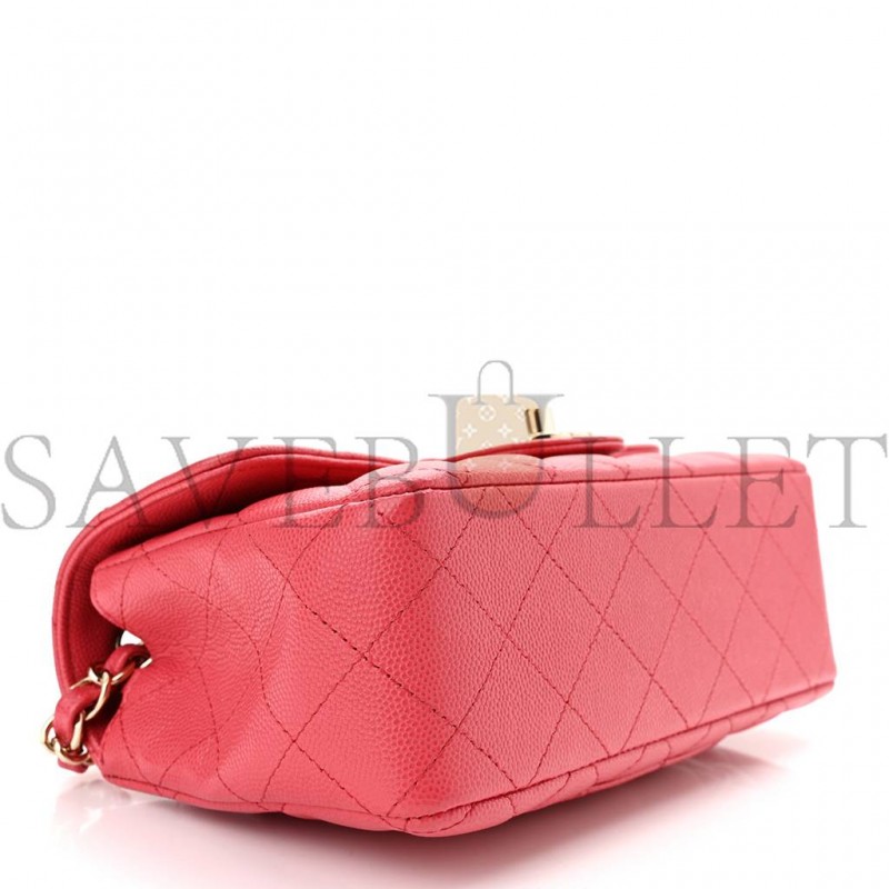 CHANEL CAVIAR QUILTED MINI RECTANGULAR FLAP DARK PINK ROSE GOLD HARDWARE (20*13*6cm)