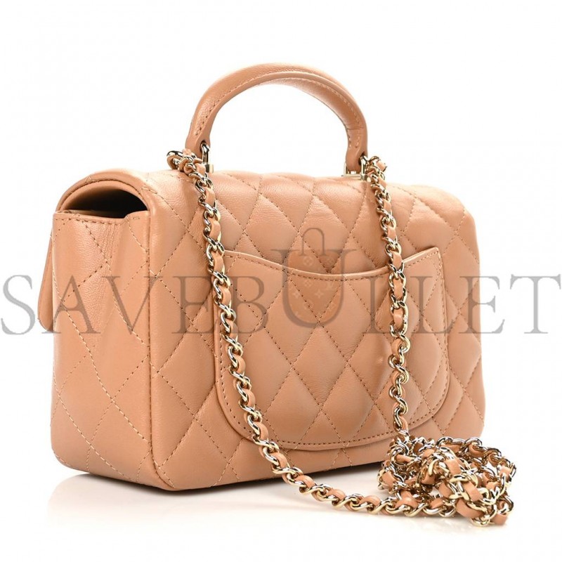 CHANEL LAMBSKIN QUILTED MINI TOP HANDLE RECTANGULAR FLAP BEIGE ROSE GOLD HARDWARE (19*13*6cm)