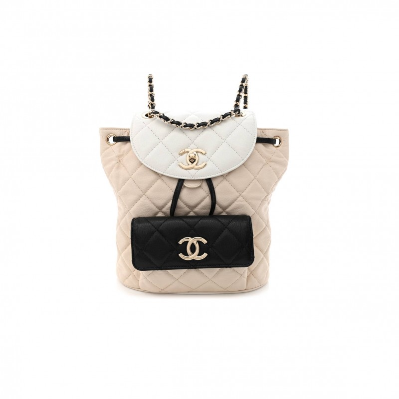 CHANEL GOATSKIN QUILTED DUMA DRAWSTRING BACKPACK BEIGE BLACK WHITE ROSE GOLD HARDWARE (23*22*12cm)