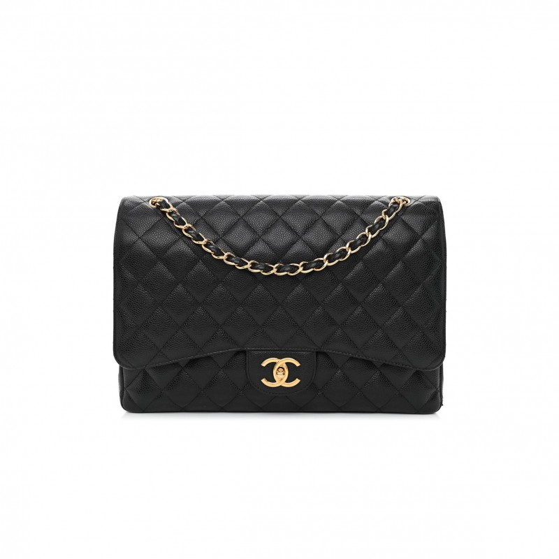 CHANEL CAVIAR QUILTED MAXI DOUBLE FLAP BLACK GOLD HARDWARE (33*22*10cm)