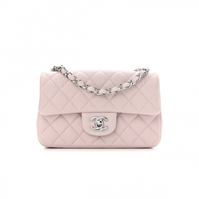 CHANEL LAMBSKIN QUILTED MINI RECTANGULAR FLAP LIGHT PURPLE SILVER HARDWARE (20*13*6cm)