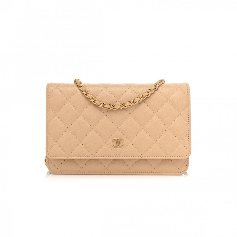 CHANEL CAVIAR QUILTED WALLET ON CHAIN WOC BEIGE ROSE GOLD HARDWARE (20*13*3cm)