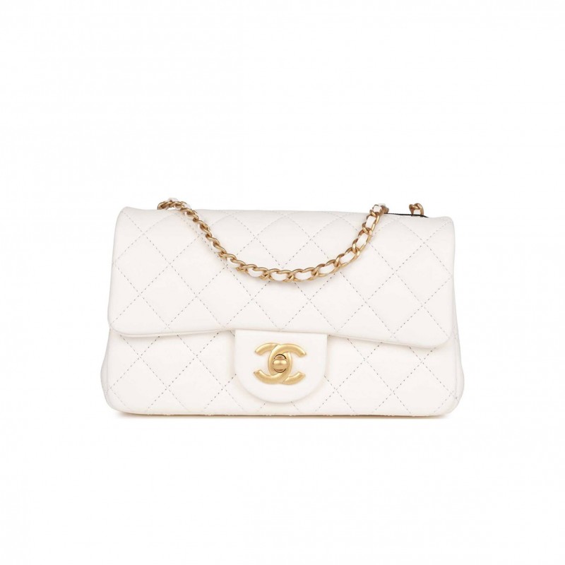 CHANEL PEARL CRUSH MINI RECTANGULAR FLAP BAG WHITE LAMBSKIN ANTIQUE GOLD HARDWARE (20*13*6cm)