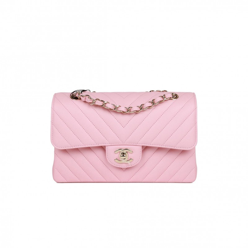 CHANEL SMALL CHEVRON CLASSIC DOUBLE FLAP PINK CALFSKIN LIGHT GOLD HARDWARE (23*13*6cm)