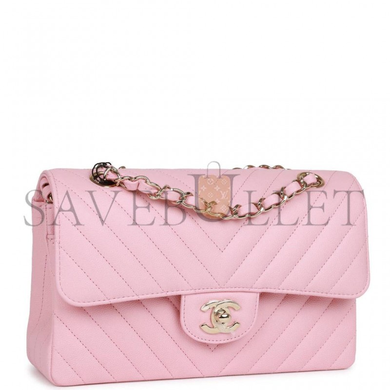 CHANEL SMALL CHEVRON CLASSIC DOUBLE FLAP PINK CALFSKIN LIGHT GOLD HARDWARE (23*13*6cm)