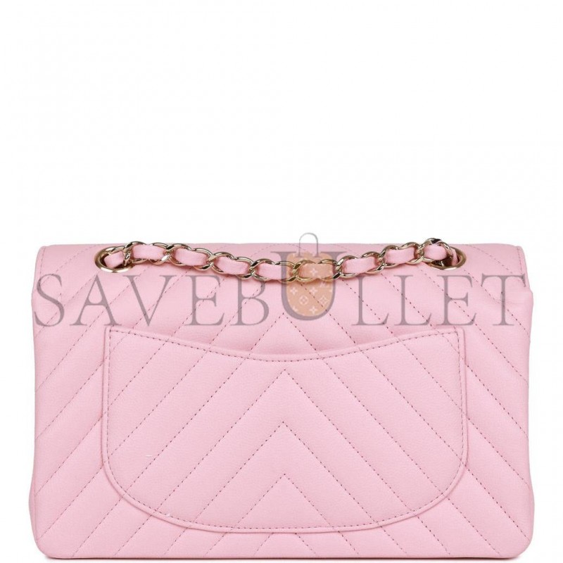 CHANEL SMALL CHEVRON CLASSIC DOUBLE FLAP PINK CALFSKIN LIGHT GOLD HARDWARE (23*13*6cm)