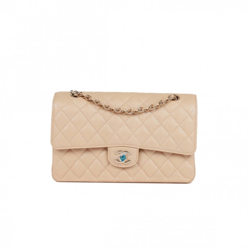 CHANEL MEDIUM CLASSIC DOUBLE FLAP BAG BEIGE IRIDESCENT CAVIAR LIGHT GOLD HARDWARE (25*15*7cm)