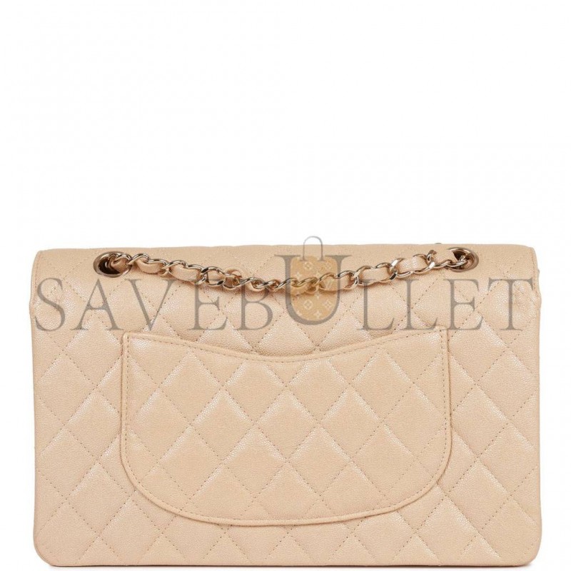 CHANEL MEDIUM CLASSIC DOUBLE FLAP BAG BEIGE IRIDESCENT CAVIAR LIGHT GOLD HARDWARE (25*15*7cm)