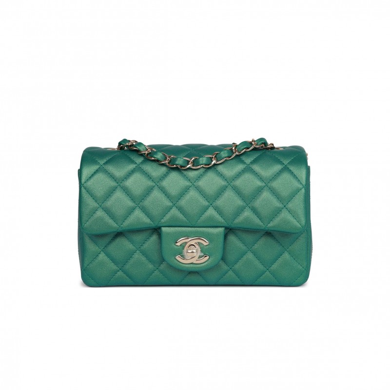 CHANEL MINI RECTANGULAR FLAP BAG GREEN IRIDESCENT QUILTED LAMBSKIN LIGHT GOLD HARDWARE (20*13*6cm)