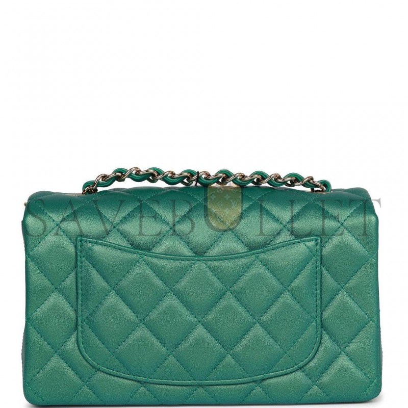 CHANEL MINI RECTANGULAR FLAP BAG GREEN IRIDESCENT QUILTED LAMBSKIN LIGHT GOLD HARDWARE (20*13*6cm)