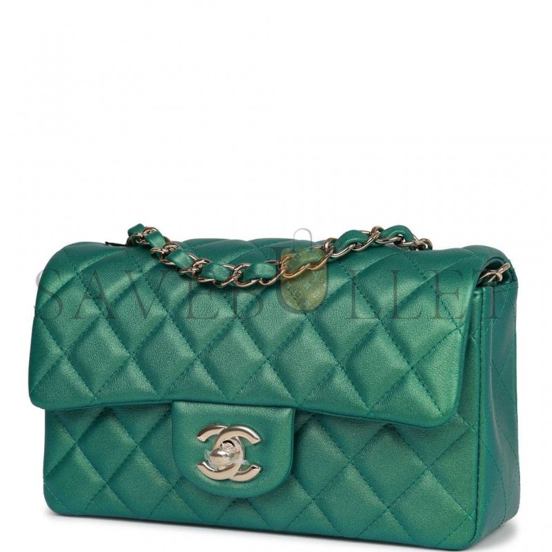 CHANEL MINI RECTANGULAR FLAP BAG GREEN IRIDESCENT QUILTED LAMBSKIN LIGHT GOLD HARDWARE (20*13*6cm)