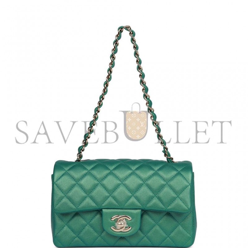 CHANEL MINI RECTANGULAR FLAP BAG GREEN IRIDESCENT QUILTED LAMBSKIN LIGHT GOLD HARDWARE (20*13*6cm)