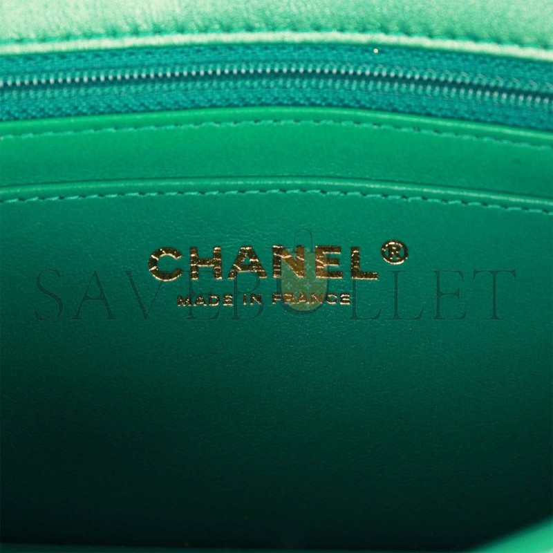 CHANEL MINI RECTANGULAR FLAP BAG GREEN IRIDESCENT QUILTED LAMBSKIN LIGHT GOLD HARDWARE (20*13*6cm)