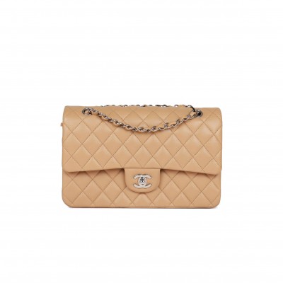 CHANEL MEDIUM CLASSIC DOUBLE FLAP BAG BEIGE LAMBSKIN SILVER HARDWARE (25*15*7cm)