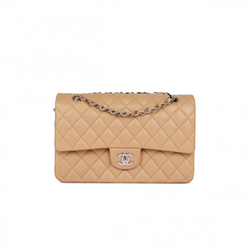 CHANEL MEDIUM CLASSIC DOUBLE FLAP BAG BEIGE LAMBSKIN SILVER HARDWARE (25*15*7cm)