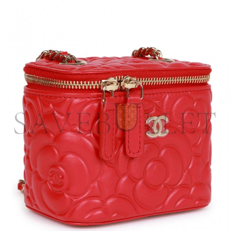 CHANEL CAMELLIA MINI VANITY CASE RED LAMBSKIN LIGHT GOLD HARDWARE (11*9*8cm) CHANEL CAMELLIA MINI VANITY CASE RED LAMBSKIN LIGHT GOLD HARDWARE (11*9*8cm)
