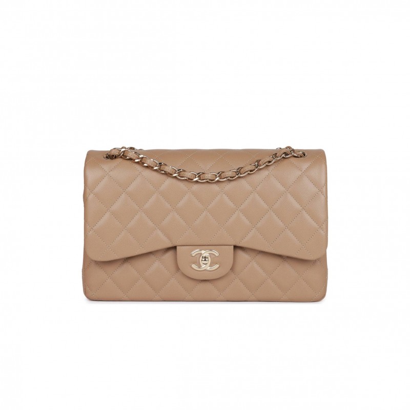 CHANEL JUMBO CLASSIC DOUBLE FLAP BAG DARK BEIGE CAVIAR GOLD HARDWARE (30*20*9cm)