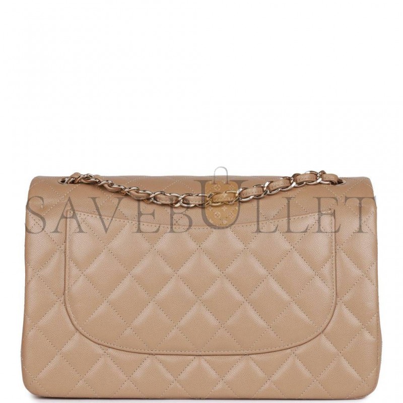 CHANEL JUMBO CLASSIC DOUBLE FLAP BAG DARK BEIGE CAVIAR GOLD HARDWARE (30*20*9cm)