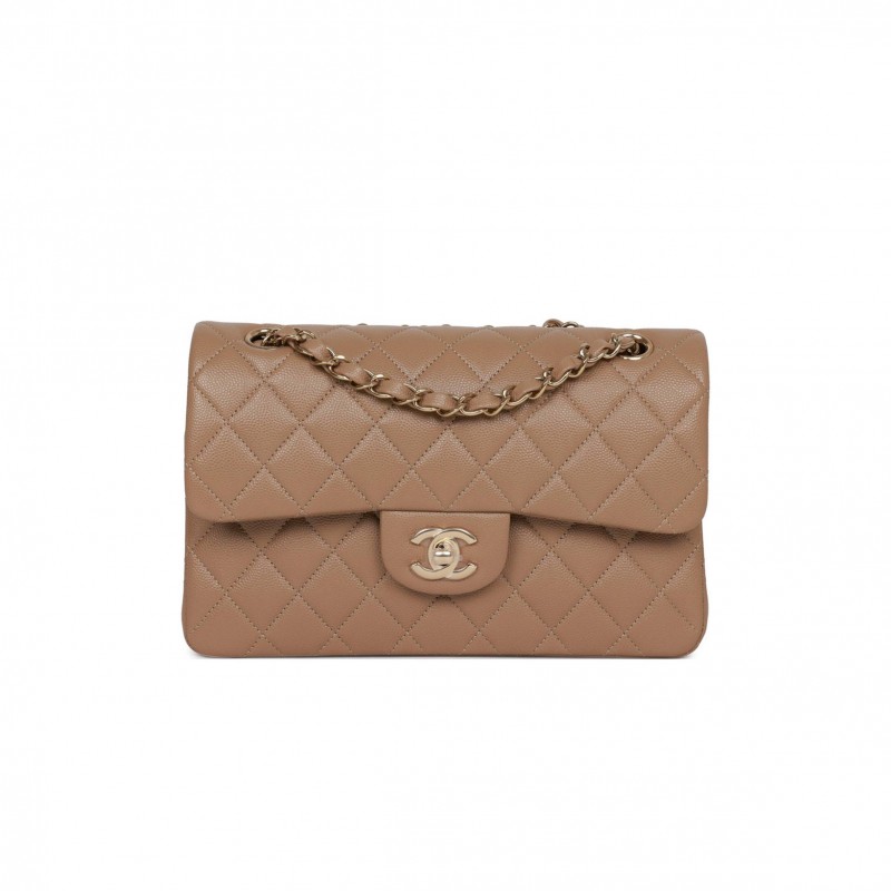 CHANEL SMALL CLASSIC DOUBLE FLAP DARK BEIGE CAVIAR LIGHT GOLD HARDWARE (23*13*6cm)