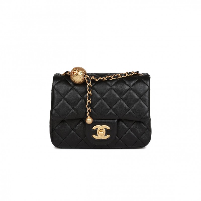 CHANEL PEARL CRUSH MINI SQUARE FLAP BAG BLACK LAMBSKIN ANTIQUE GOLD HARDWARE  (17*14*8cm)