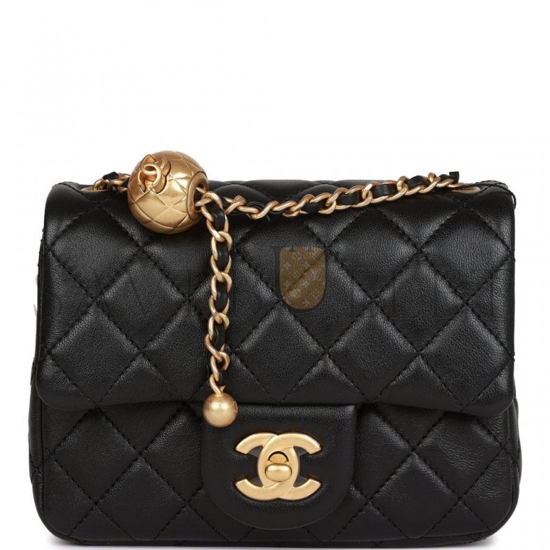 CHANEL PEARL CRUSH MINI SQUARE FLAP BAG BLACK LAMBSKIN ANTIQUE GOLD HARDWARE  (17*14*8cm)