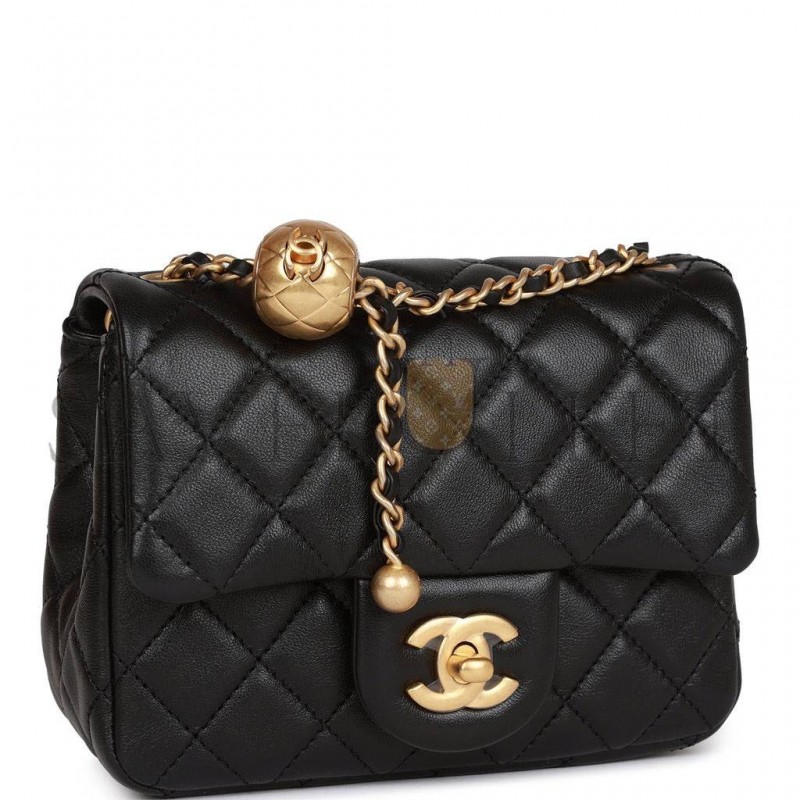 CHANEL PEARL CRUSH MINI SQUARE FLAP BAG BLACK LAMBSKIN ANTIQUE GOLD HARDWARE  (17*14*8cm)