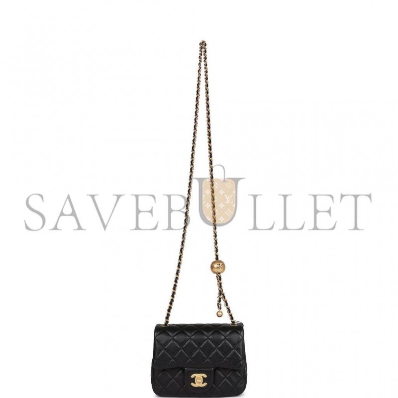 CHANEL PEARL CRUSH MINI SQUARE FLAP BAG BLACK LAMBSKIN ANTIQUE GOLD HARDWARE  (17*14*8cm)