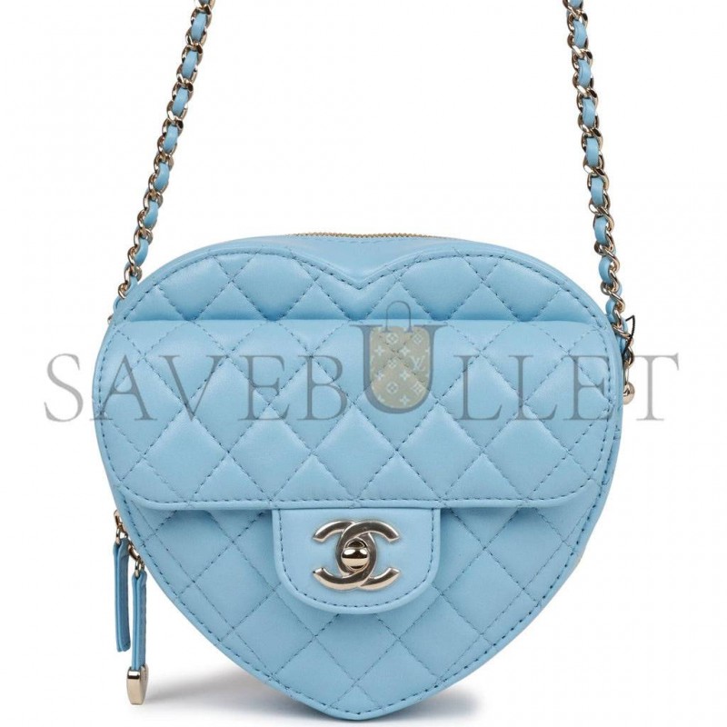 CHANEL CC IN LOVE LARGE HEART BAG BLUE LAMBSKIN LIGHT GOLD HARDWARE (20*18*6cm)