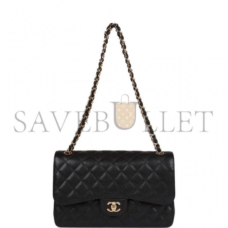 CHANEL JUMBO CLASSIC DOUBLE FLAP BAG BLACK CAVIAR GOLD HARDWARE (30*20*9cm)