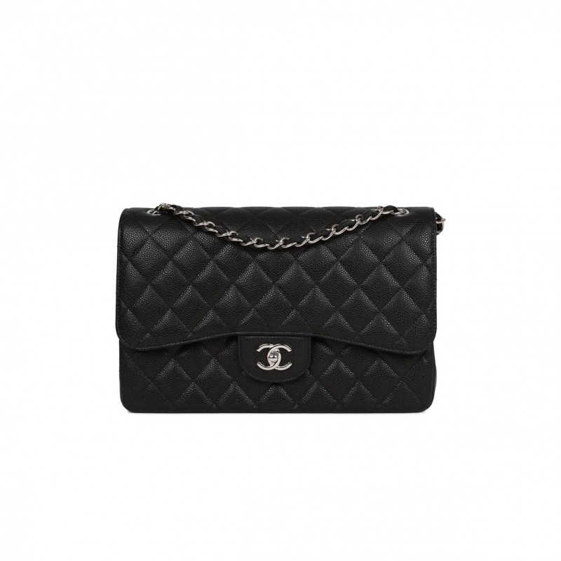 CHANEL JUMBO CLASSIC DOUBLE FLAP BAG BLACK CAVIAR SILVER HARDWARE (30*20*9cm)