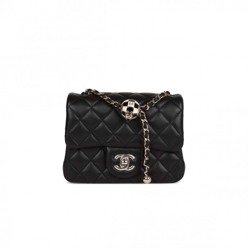 CHANEL PEARL CRUSH MINI SQUARE FLAP BAG BLACK LAMBSKIN LIGHT GOLD HARDWARE (17*14*8cm)