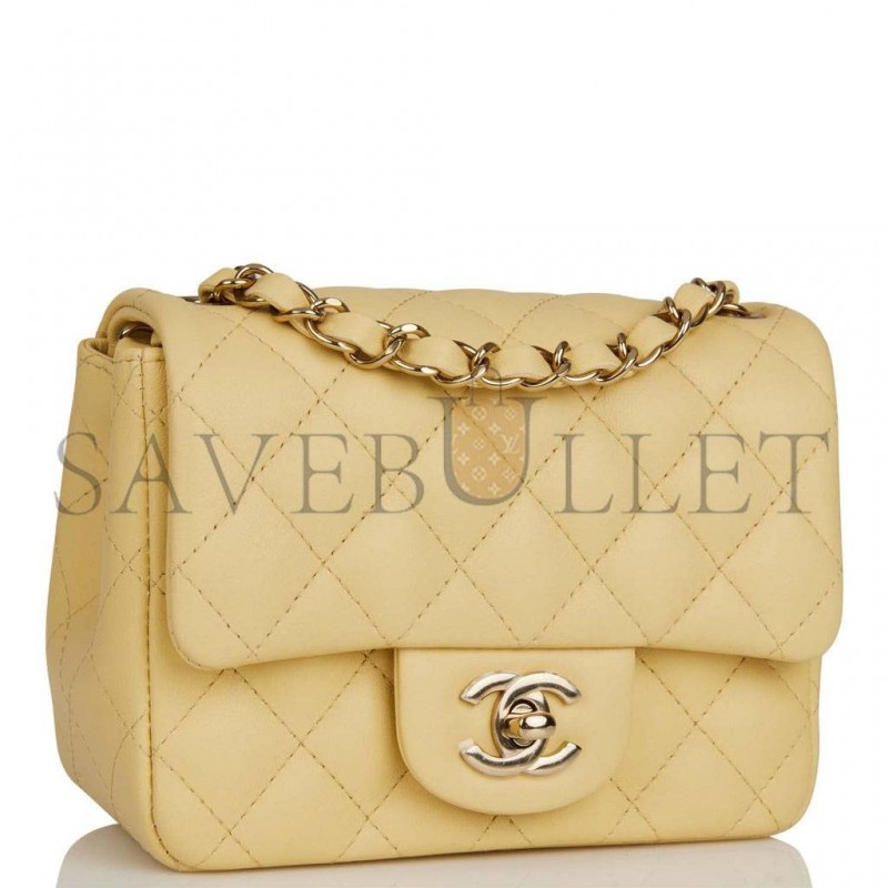 CHANEL MINI SQUARE FLAP BAG YELLOW LAMBSKIN LIGHT GOLD HARDWARE (17*13*8cm)