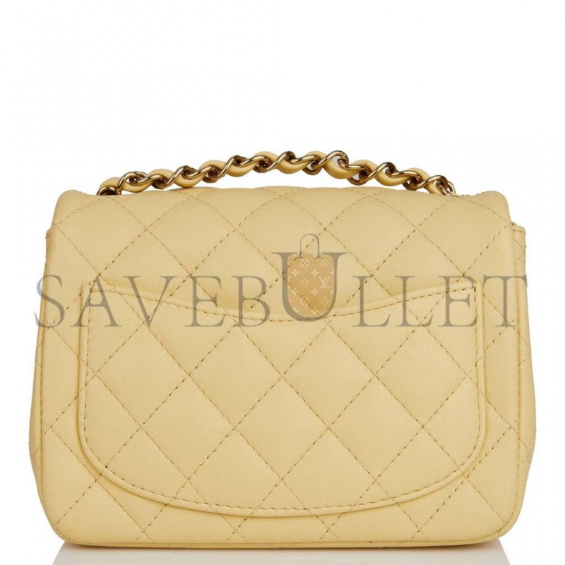 CHANEL MINI SQUARE FLAP BAG YELLOW LAMBSKIN LIGHT GOLD HARDWARE (17*13*8cm)