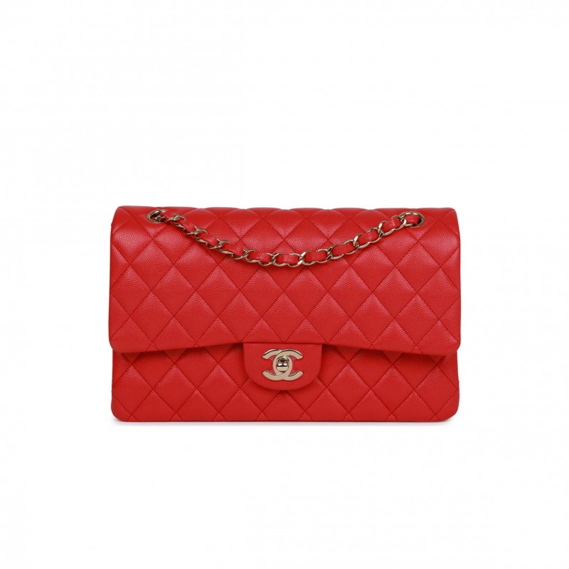 CHANEL MEDIUM CLASSIC DOUBLE FLAP BAG RED CAVIAR LIGHT GOLD HARDWARE (25.5*15.5*6.5cm)