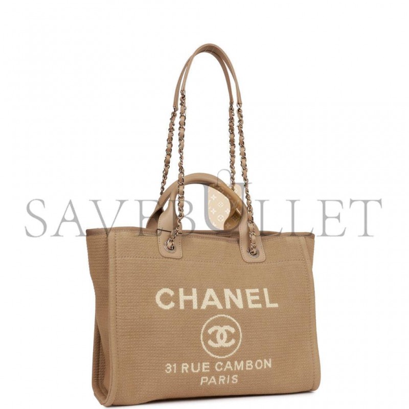 CHANEL SMALL DEAUVILLE SHOPPING BAG BEIGE BOUCLE LIGHT GOLD HARDWARE (34*27*15cm)