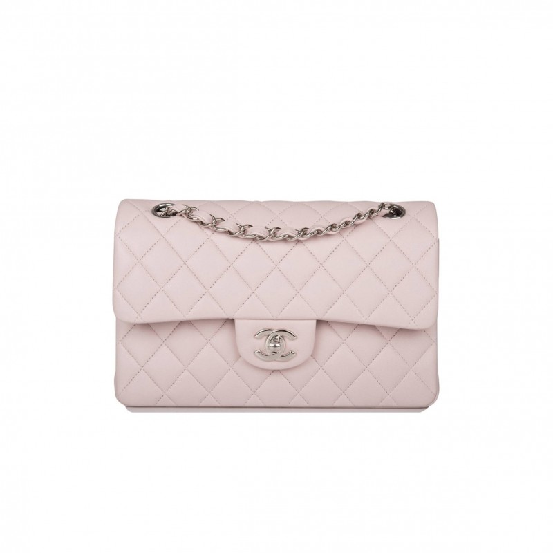 CHANEL SMALL CLASSIC DOUBLE FLAP BAG LIGHT PURPLE LAMBSKIN SILVER HARDWARE (23*13*6cm)