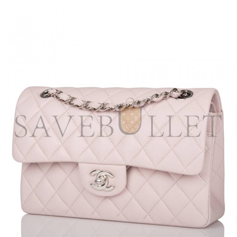 CHANEL SMALL CLASSIC DOUBLE FLAP BAG LIGHT PURPLE LAMBSKIN SILVER HARDWARE (23*13*6cm)