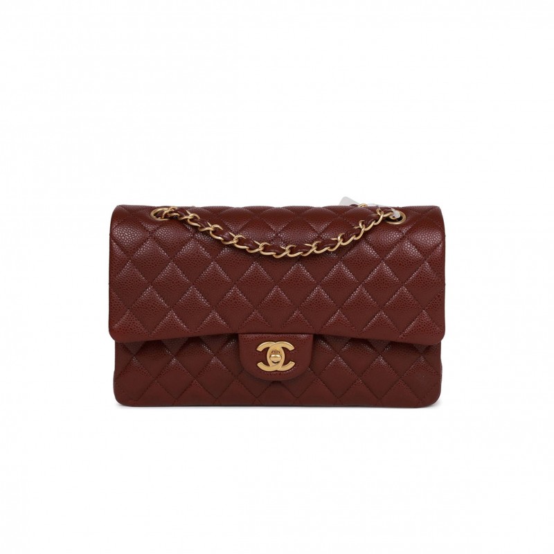 CHANEL MEDIUM CLASSIC DOUBLE FLAP BAG BURGUNDY CAVIAR ANTIQUE GOLD HARDWARE (25*15*7cm)