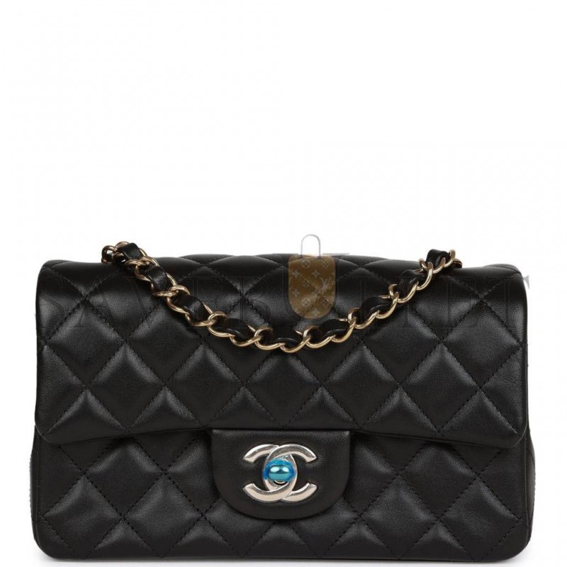 CHANEL MINI RECTANGULAR FLAP BAG BLACK LAMBSKIN LIGHT GOLD HARDWARE (20*13*6cm)