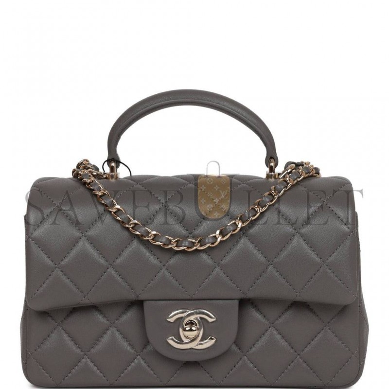 CHANEL MINI RECTANGULAR FLAP BAG WITH TOP HANDLE DARK GREY LAMBSKIN LIGHT GOLD HARDWARE (22*15*8cm) CHANEL MINI RECTANGULAR FLAP BAG WITH TOP HANDLE DARK GREY LAMBSKIN LIGHT GOLD HARDWARE (22*15*8cm)