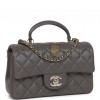 CHANEL MINI RECTANGULAR FLAP BAG WITH TOP HANDLE DARK GREY LAMBSKIN LIGHT GOLD HARDWARE (22*15*8cm) CHANEL MINI RECTANGULAR FLAP BAG WITH TOP HANDLE DARK GREY LAMBSKIN LIGHT GOLD HARDWARE (22*15*8cm)