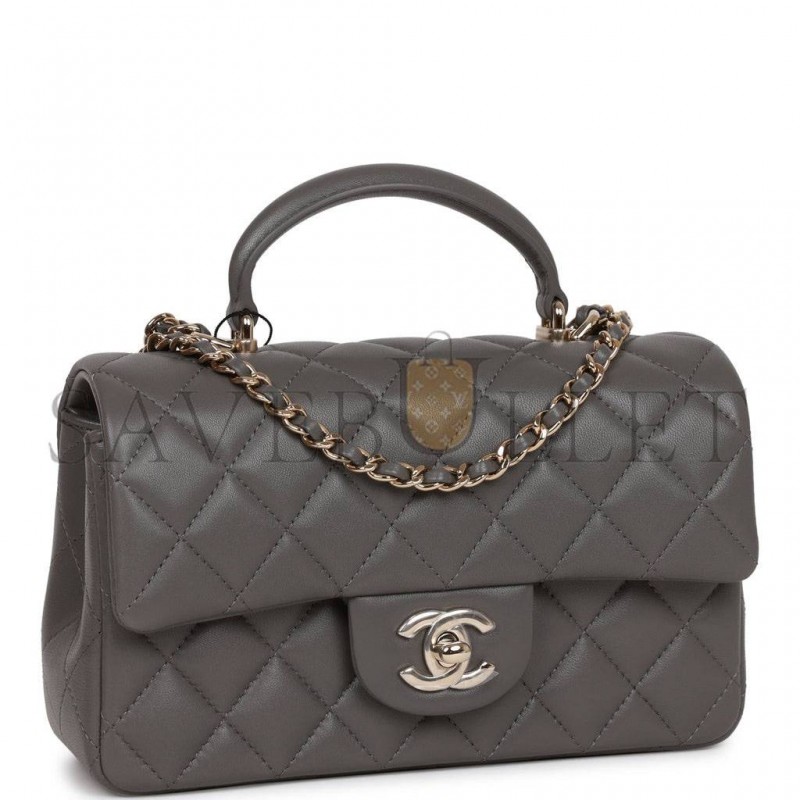 CHANEL MINI RECTANGULAR FLAP BAG WITH TOP HANDLE DARK GREY LAMBSKIN LIGHT GOLD HARDWARE (22*15*8cm) CHANEL MINI RECTANGULAR FLAP BAG WITH TOP HANDLE DARK GREY LAMBSKIN LIGHT GOLD HARDWARE (22*15*8cm)