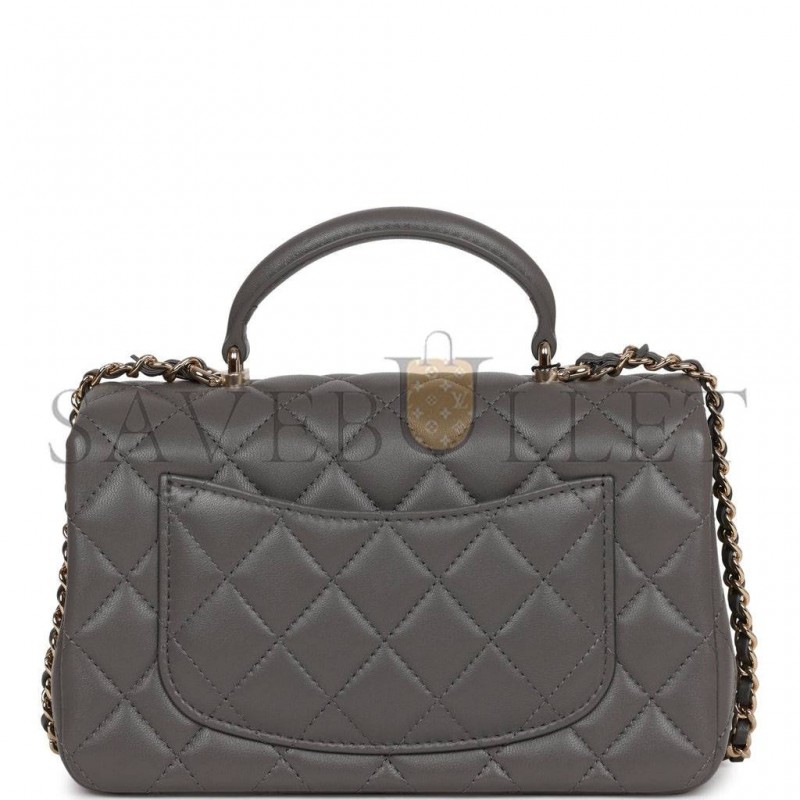 CHANEL MINI RECTANGULAR FLAP BAG WITH TOP HANDLE DARK GREY LAMBSKIN LIGHT GOLD HARDWARE (22*15*8cm) CHANEL MINI RECTANGULAR FLAP BAG WITH TOP HANDLE DARK GREY LAMBSKIN LIGHT GOLD HARDWARE (22*15*8cm)